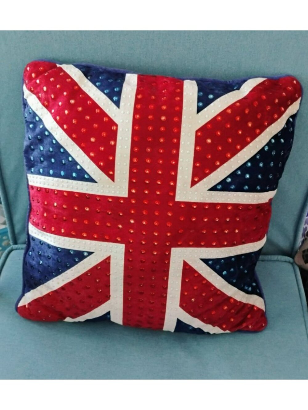 Vintage Union Jack Throw Pillow Crushed Velvet Rhinestone Accents 18" Red Blue - Picture 2 of 5